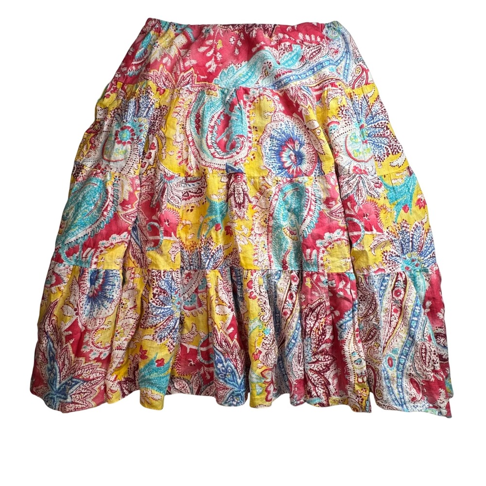 Lauren Ralph Lauren Womens 1X Linen Paisley Tiered Midi Skirt Multicolor Boho